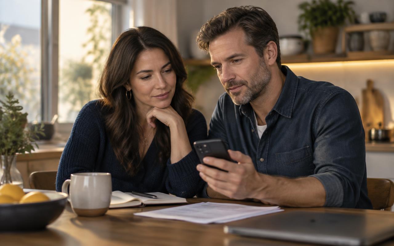 A couple at their kitchen table looking at a financial decision on a phone together